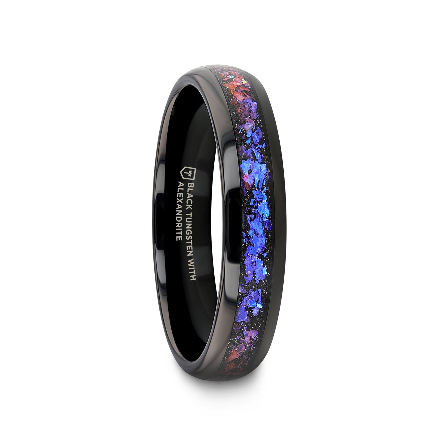 COSMIC Black Tungsten Ring with Crushed Alexandrite and Dark Blue & Purple Crushed Goldstone – 4mm to 8mm