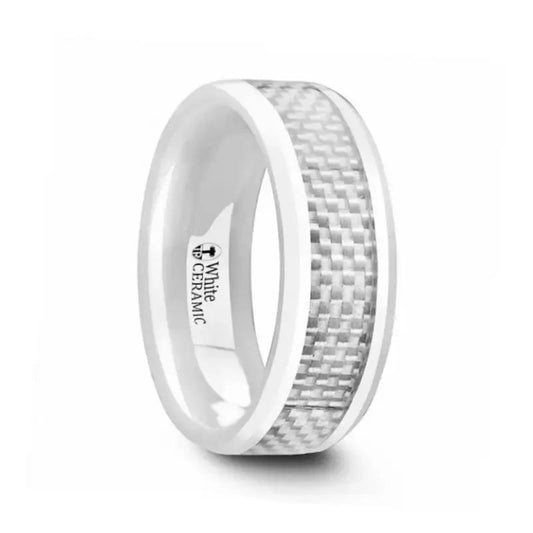 KENYON Beveled Polished White Ceramic Wedding Band with White Carbon Fiber Inlay – 8mm