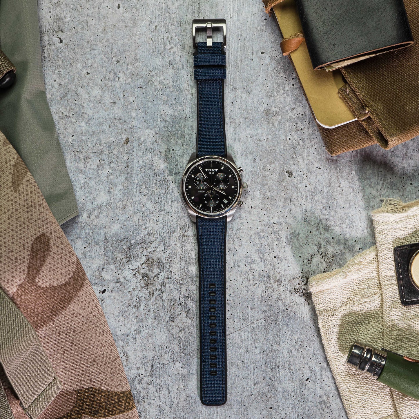 Navy Blue Cordura Fabric And Silicone Hybrid Watch Band