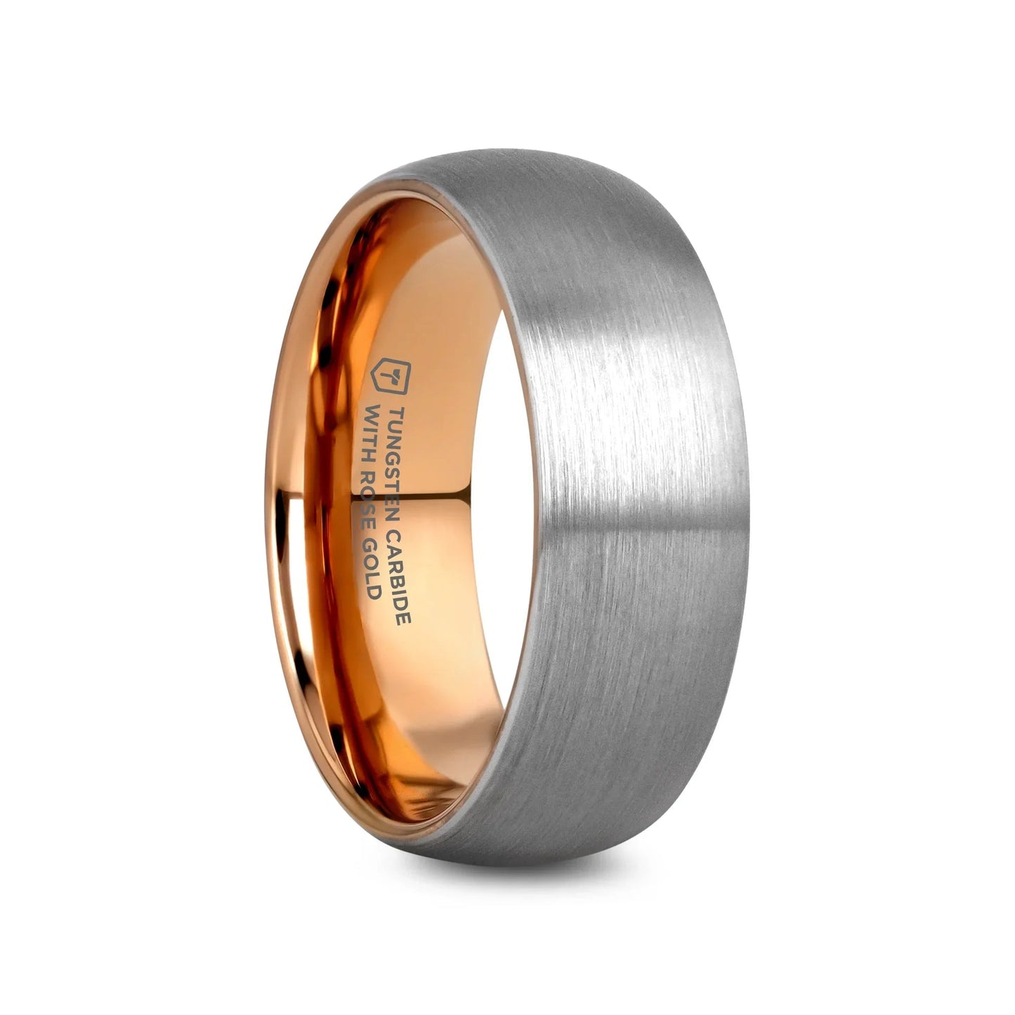 CAMERON Domed Brushed Finish Tungsten Carbide Men's Wedding Band with Rose Gold Ion-Plated Interior - 8mm