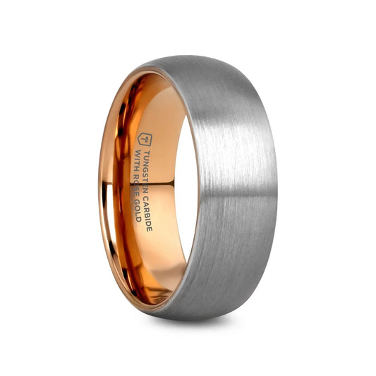 CAMERON Domed Brushed Finish Tungsten Carbide Men's Wedding Band with Rose Gold Ion-Plated Interior - 8mm
