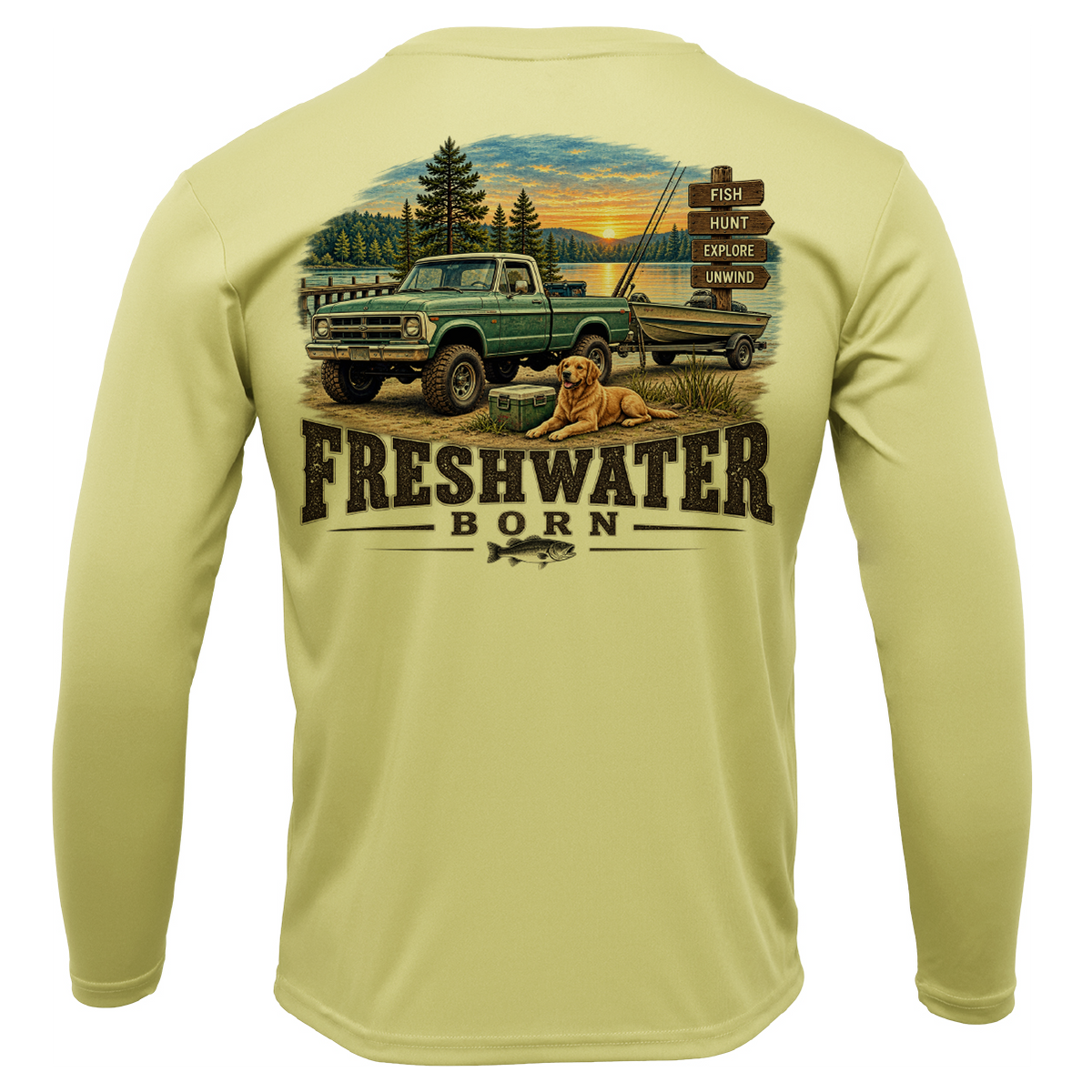 Freshwater Born- Fish, Hunt, Explore, Unwind Boy's UPF 50+ Dry-Fit Shirt