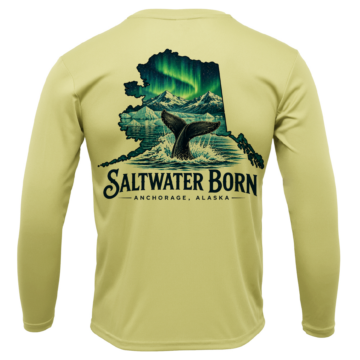 Anchorage, AK Northern Lights Whale Tail Boy's Long Sleeve UPF 50+ Dry-Fit Shirt