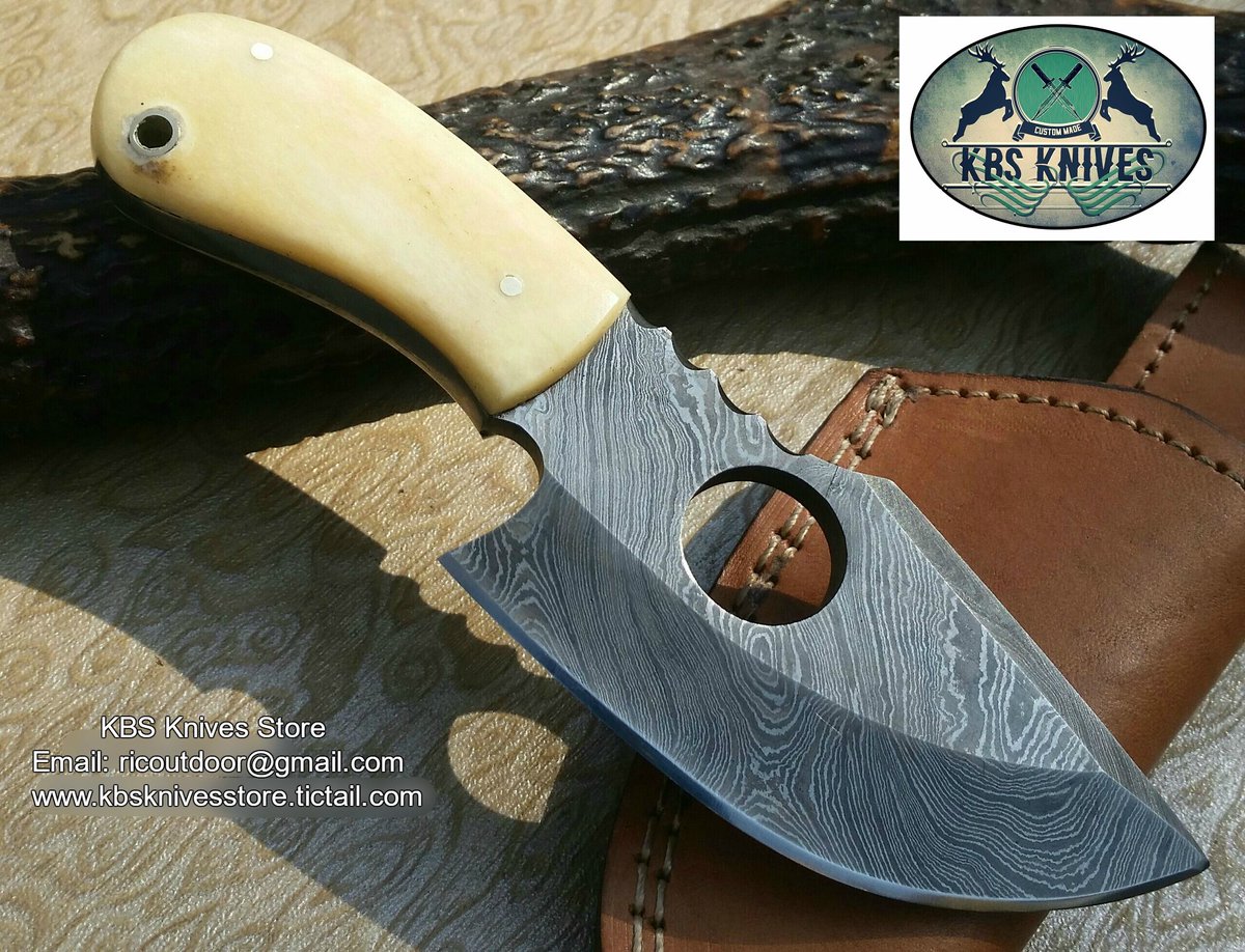 Finger Hole Damascus Skinning Knife