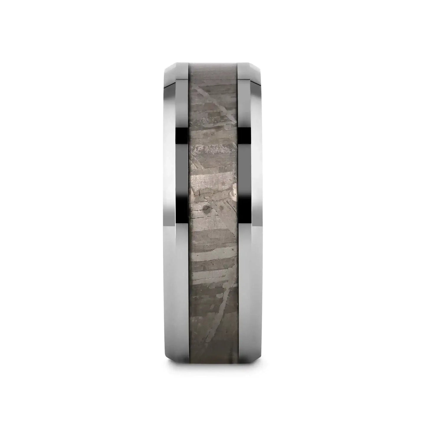 CELESTIAL Flat Tungsten Carbide Ring with Beveled Edges and Meteorite Inlay Thorsten - 8mm