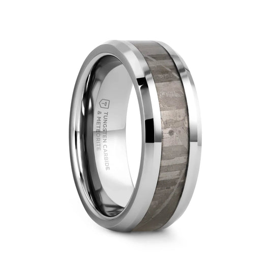CELESTIAL Flat Tungsten Carbide Ring with Beveled Edges and Meteorite Inlay Thorsten - 8mm