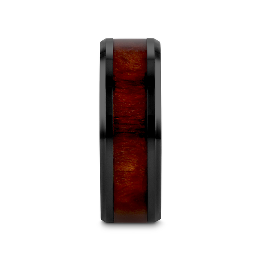 CERISE Redwood Inlaid Black Ceramic Ring with Beveled Edges - 8mm
