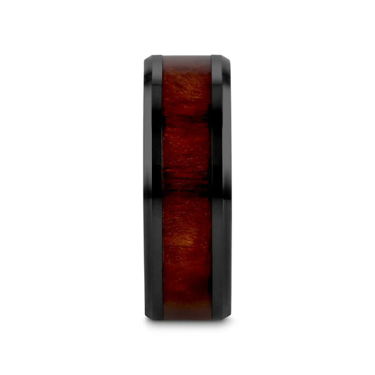 CERISE Redwood Inlaid Black Ceramic Ring with Beveled Edges - 8mm