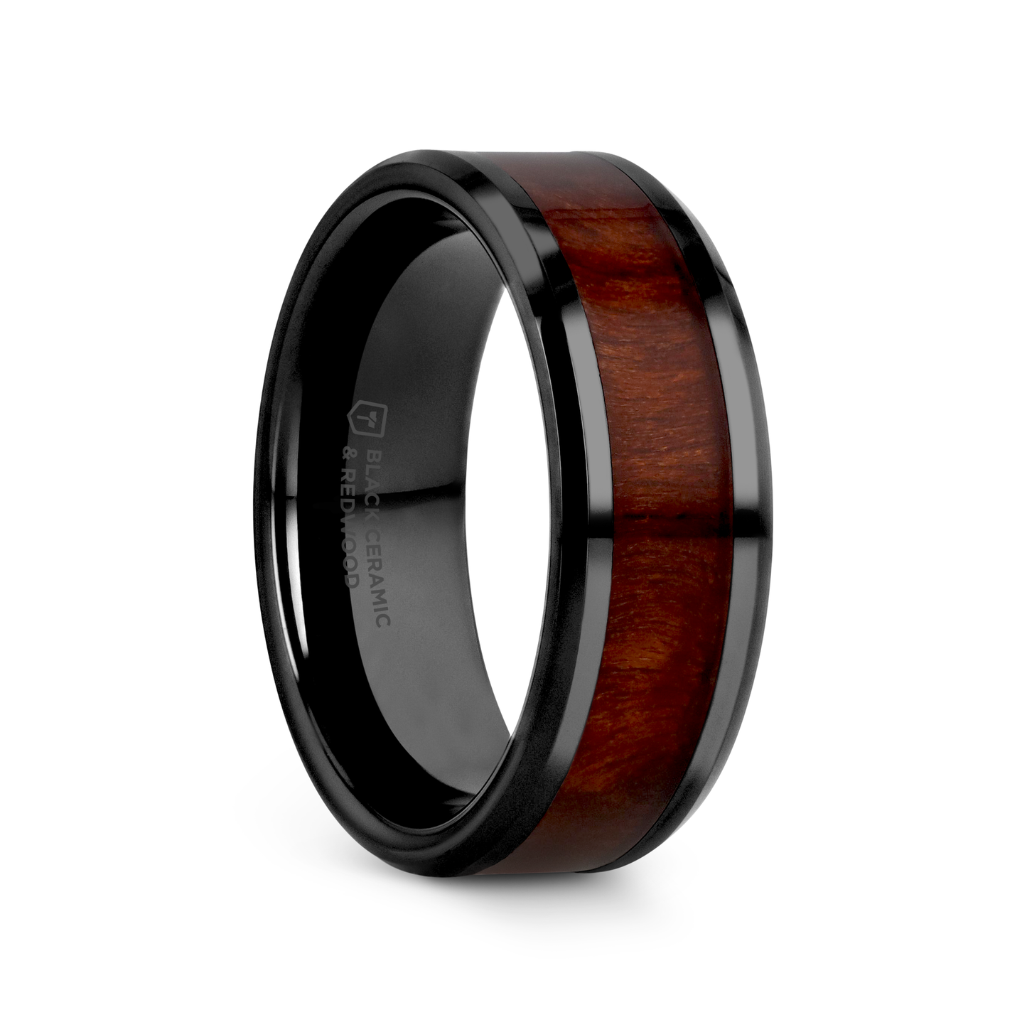 CERISE Redwood Inlaid Black Ceramic Ring with Beveled Edges - 8mm