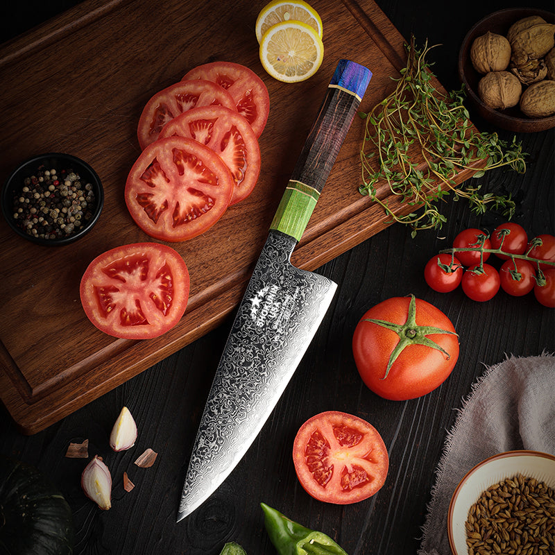 Solstice Japanese Damascus Chef Knife with Exotic Maple Burl Wood Handle