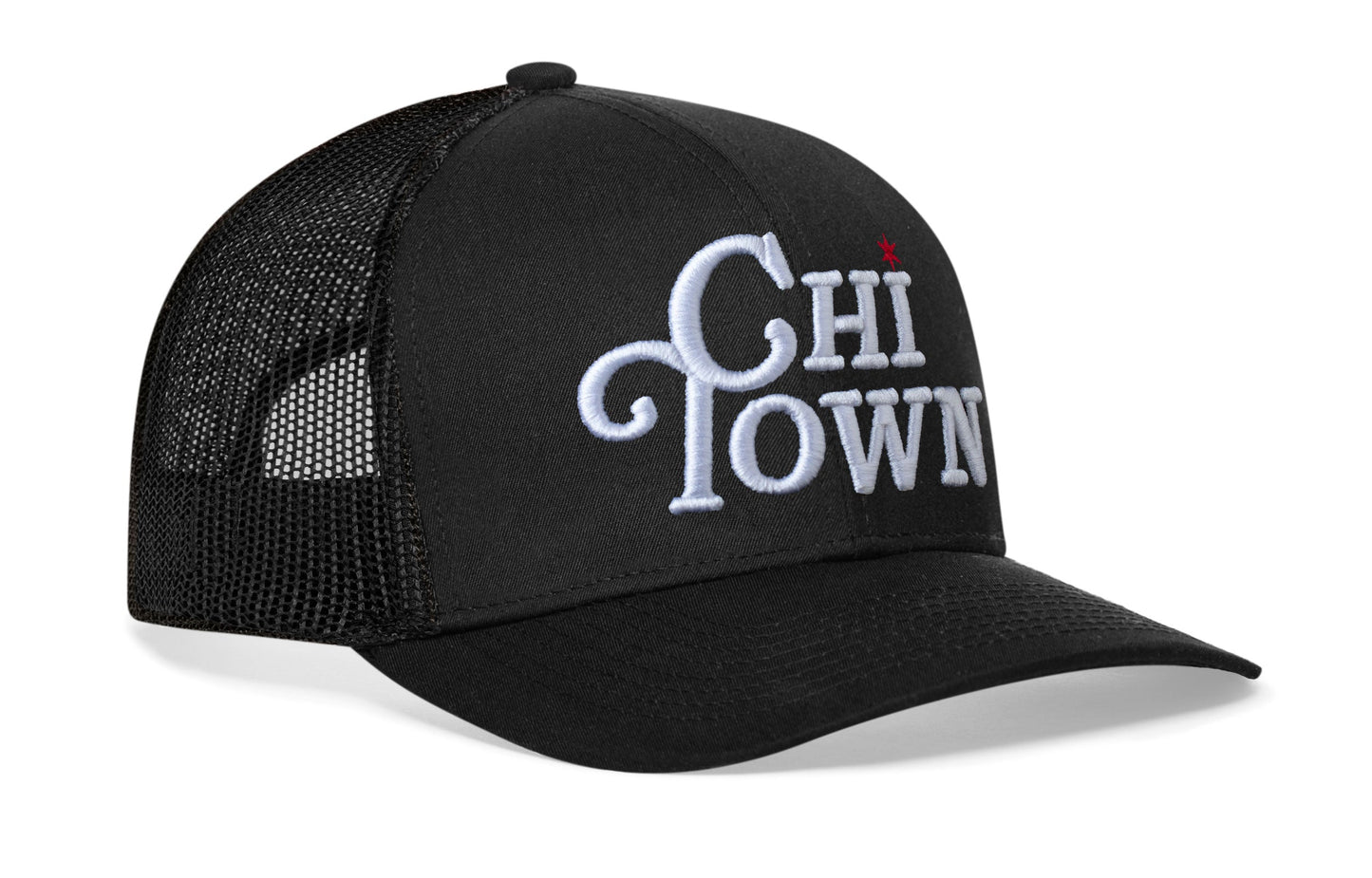 Chi Town White Script Trucker Hat  |  Black Illinois Snapback