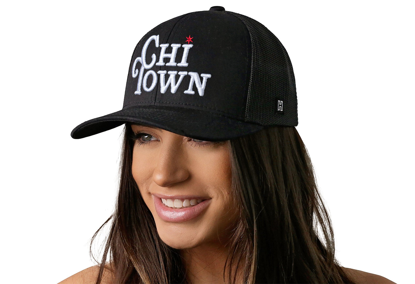 Chi Town White Script Trucker Hat  |  Black Illinois Snapback
