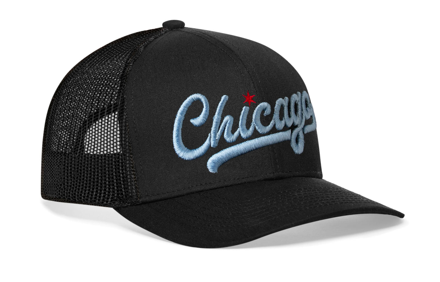 Chicago Light Blue Script Trucker Hat  |  Black Illinois Snapback