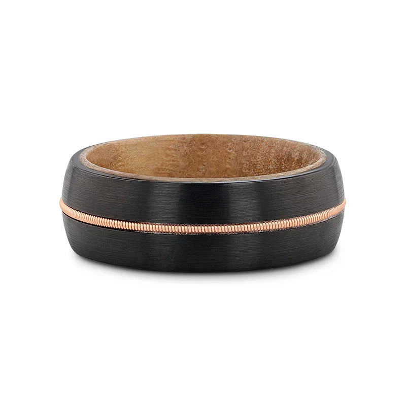 CHORDAL Black Tungsten Ring with Brass Guitar String Inlay and Whiskey Barrel Wood Inner Sleeve – 8mm