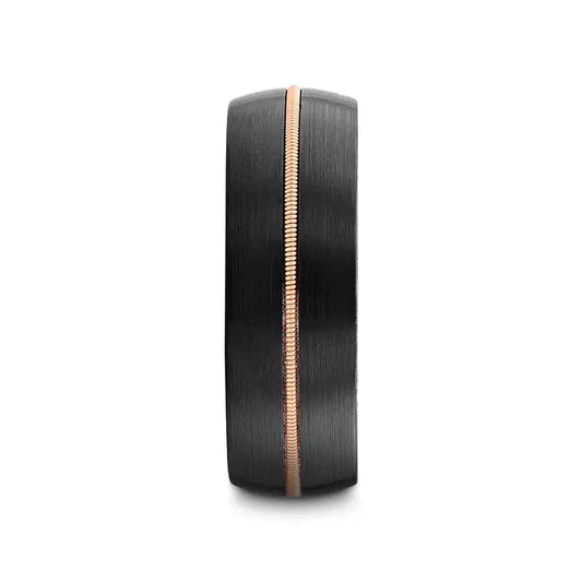 CHORDAL Black Tungsten Ring with Brass Guitar String Inlay and Whiskey Barrel Wood Inner Sleeve – 8mm