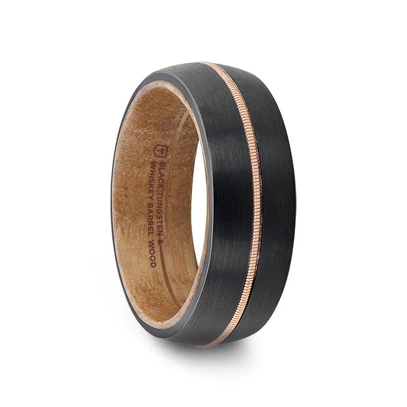 CHORDAL Black Tungsten Ring with Brass Guitar String Inlay and Whiskey Barrel Wood Inner Sleeve – 8mm