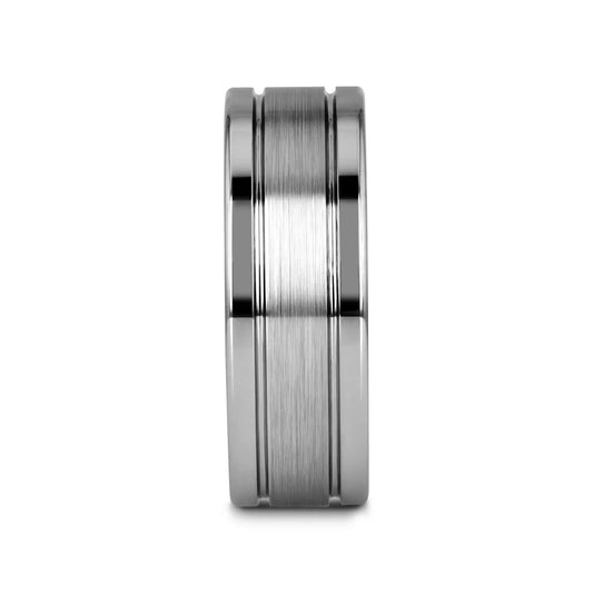 CHRONOS Flat with Offset Grooves Polished Edges and Satin Center Tungsten Band 6mm or 8mm