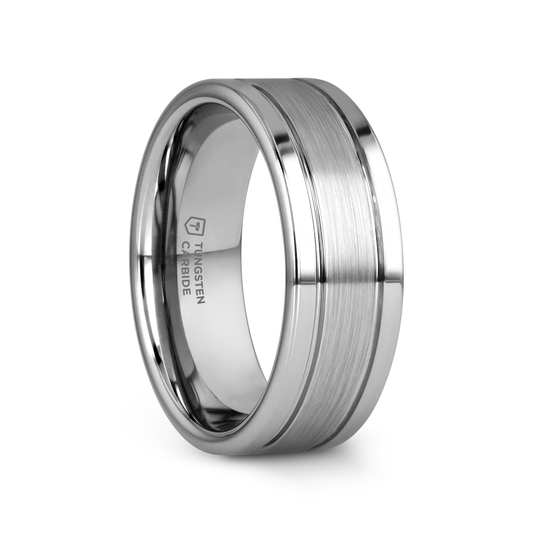 CHRONOS Flat with Offset Grooves Polished Edges and Satin Center Tungsten Band 6mm or 8mm