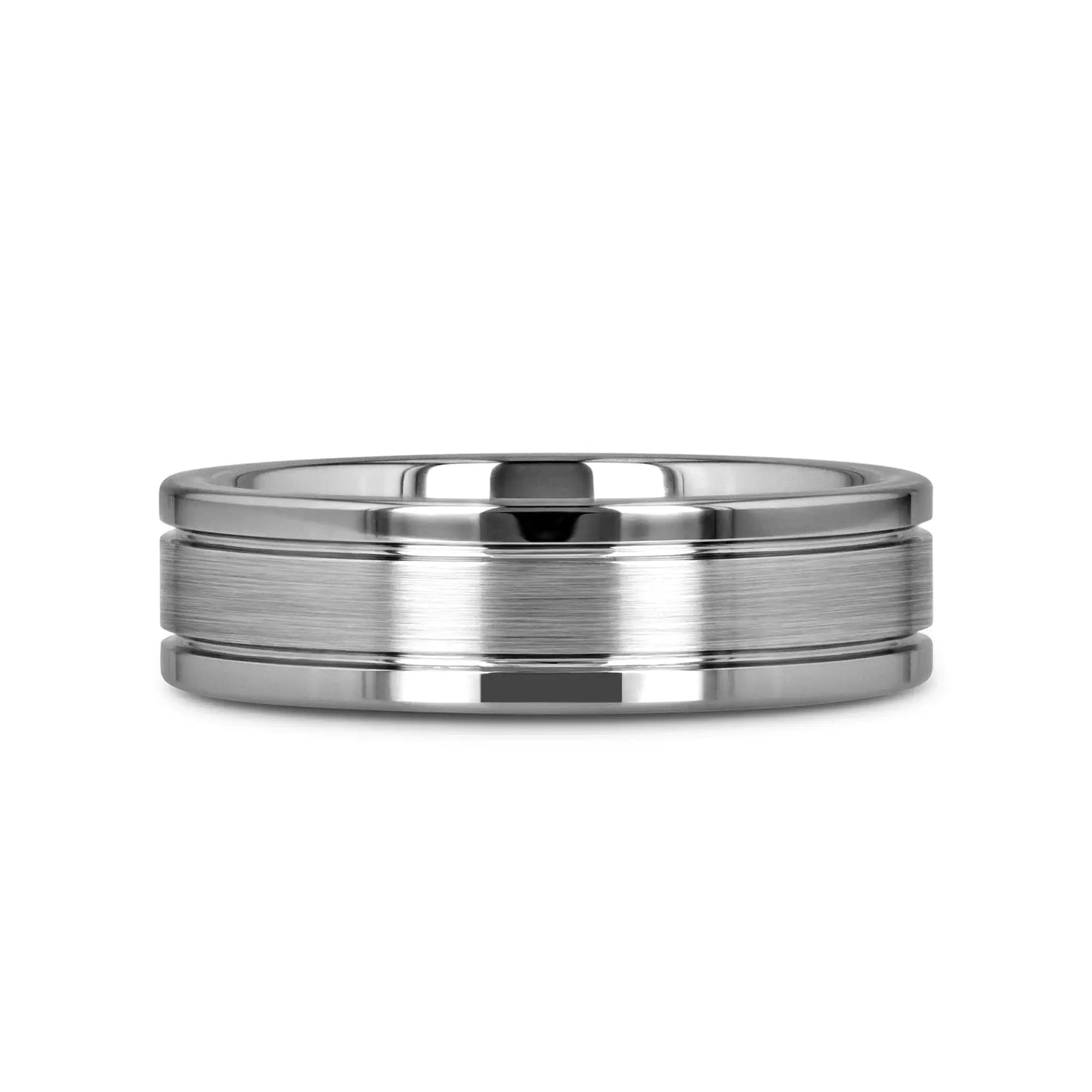 CHRONOS Flat with Offset Grooves Polished Edges and Satin Center Tungsten Band 6mm or 8mm