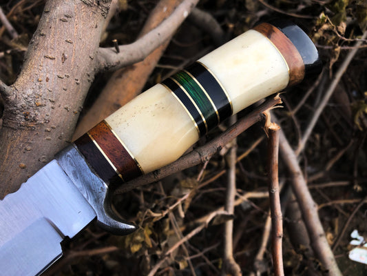 Custom Handmade D2 Steel Bowie Knife – 14-Inch Blade with Bone & Colored Wood Handle, Damascus Guard & Leather Sheath | Perfect for Hunting – KBS Knives