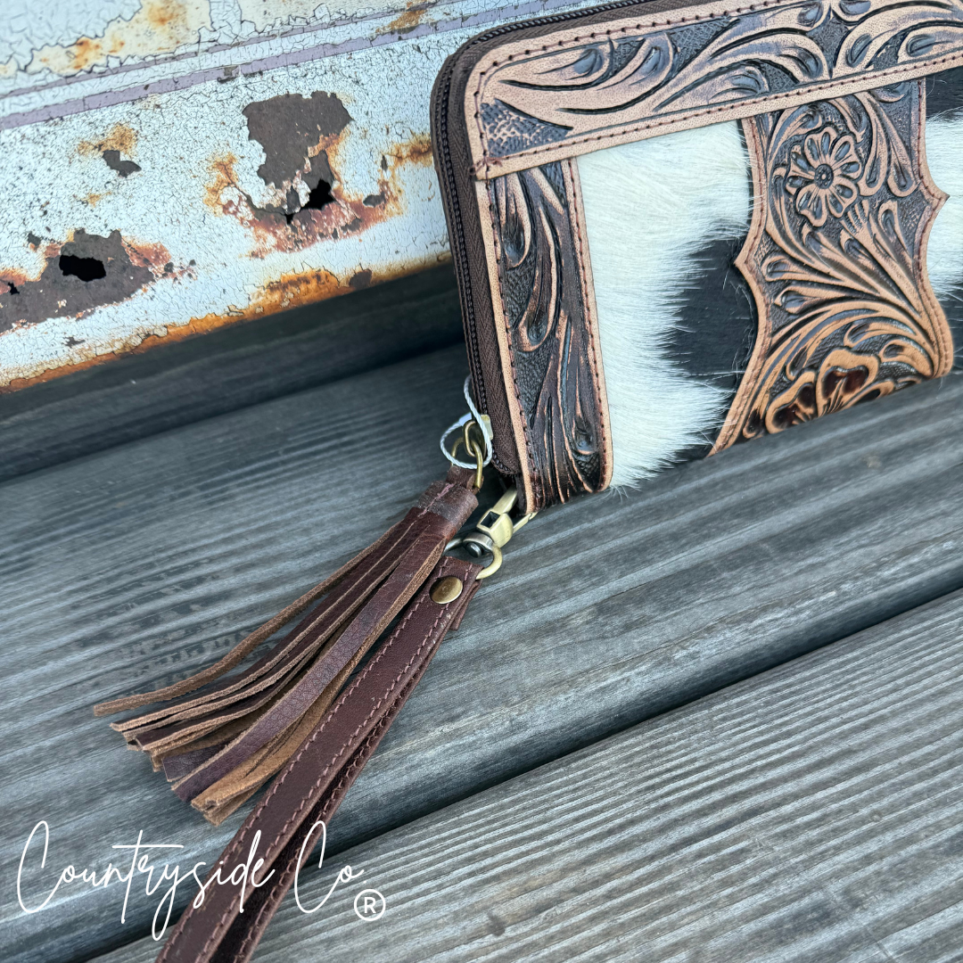 Adeline Cowhide Tooled Leather Wallet Wristlet