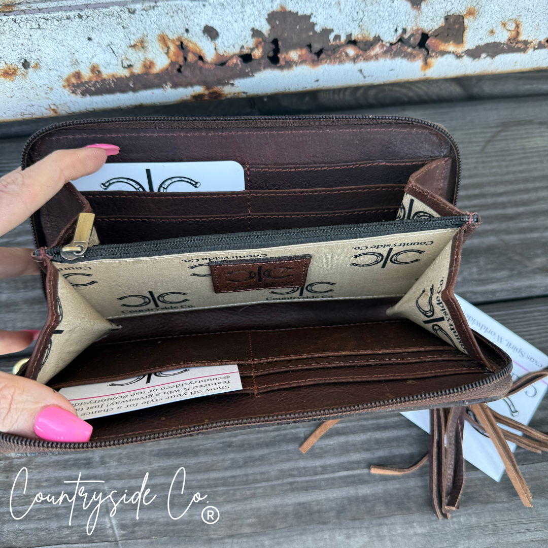 Adeline Cowhide Tooled Leather Wallet Wristlet