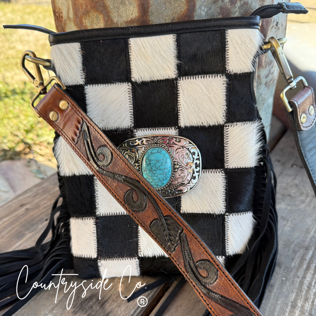 Bandit Checkered Buckle Fringe Purse