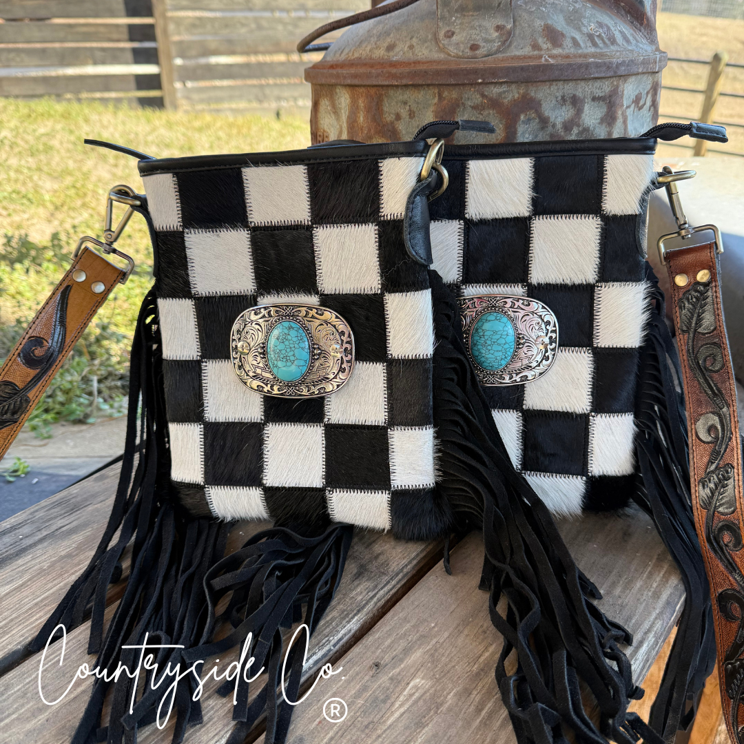 Bandit Checkered Buckle Fringe Purse