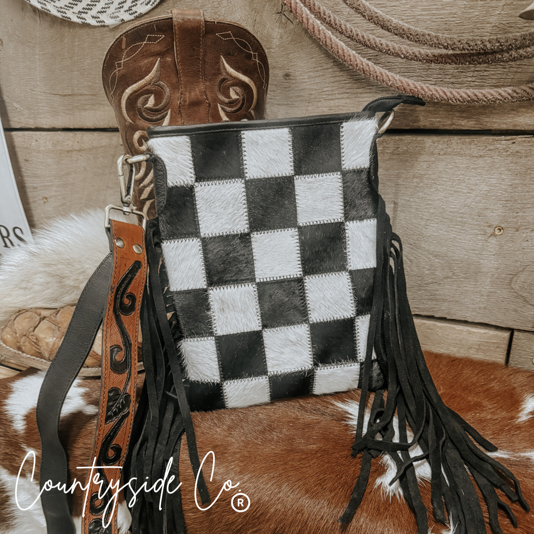 Stockyard Checkered Cowhide Fringe Purse