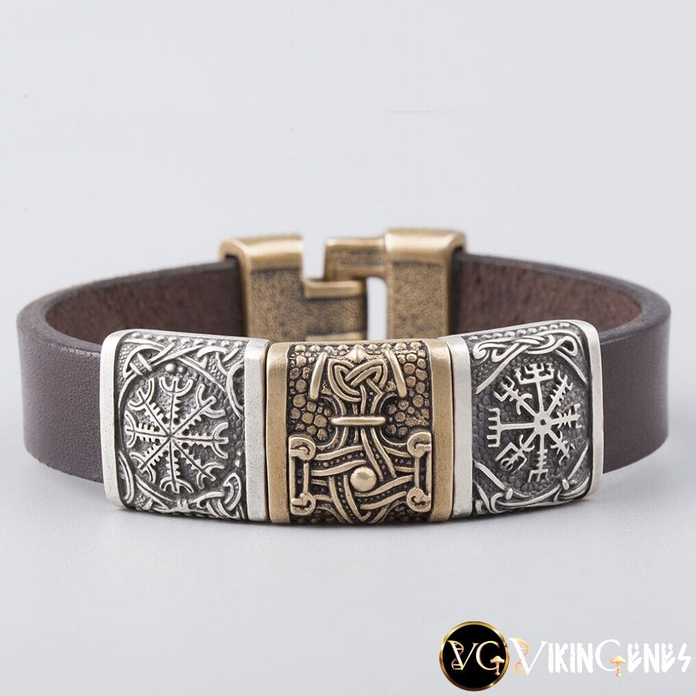 Viking Leather & Bronze Helm of Awe - Mjolnir - Vegvisir bracelet