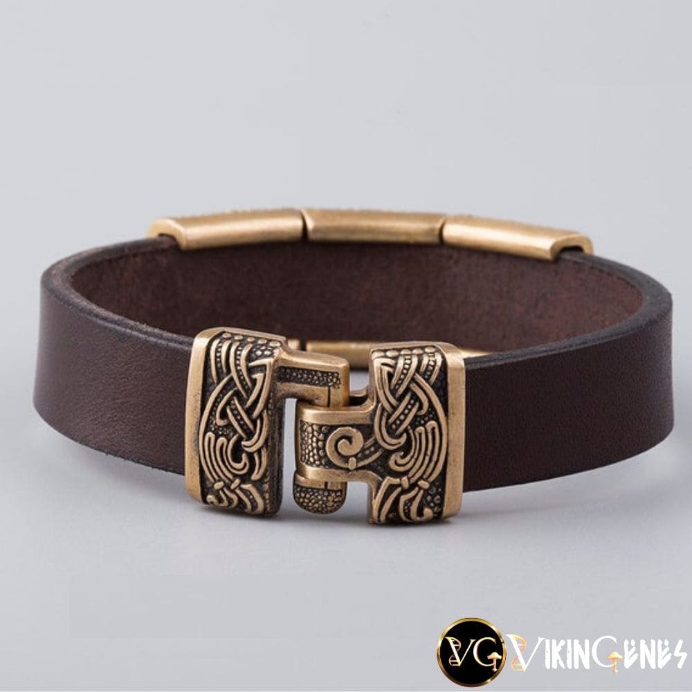 Viking Leather & Bronze Helm of Awe - Mjolnir - Vegvisir bracelet