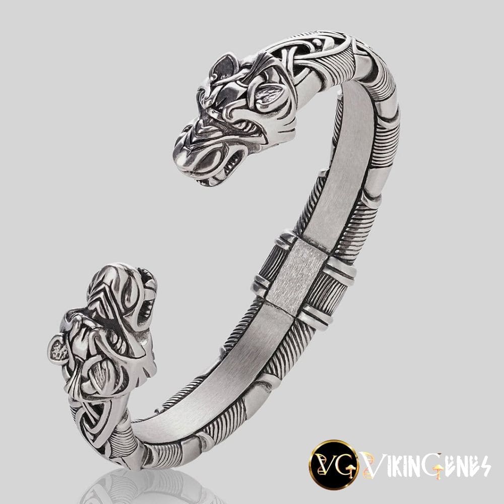Premium Sterling Silver Norse Metal Arm Ring With Wolf Heads