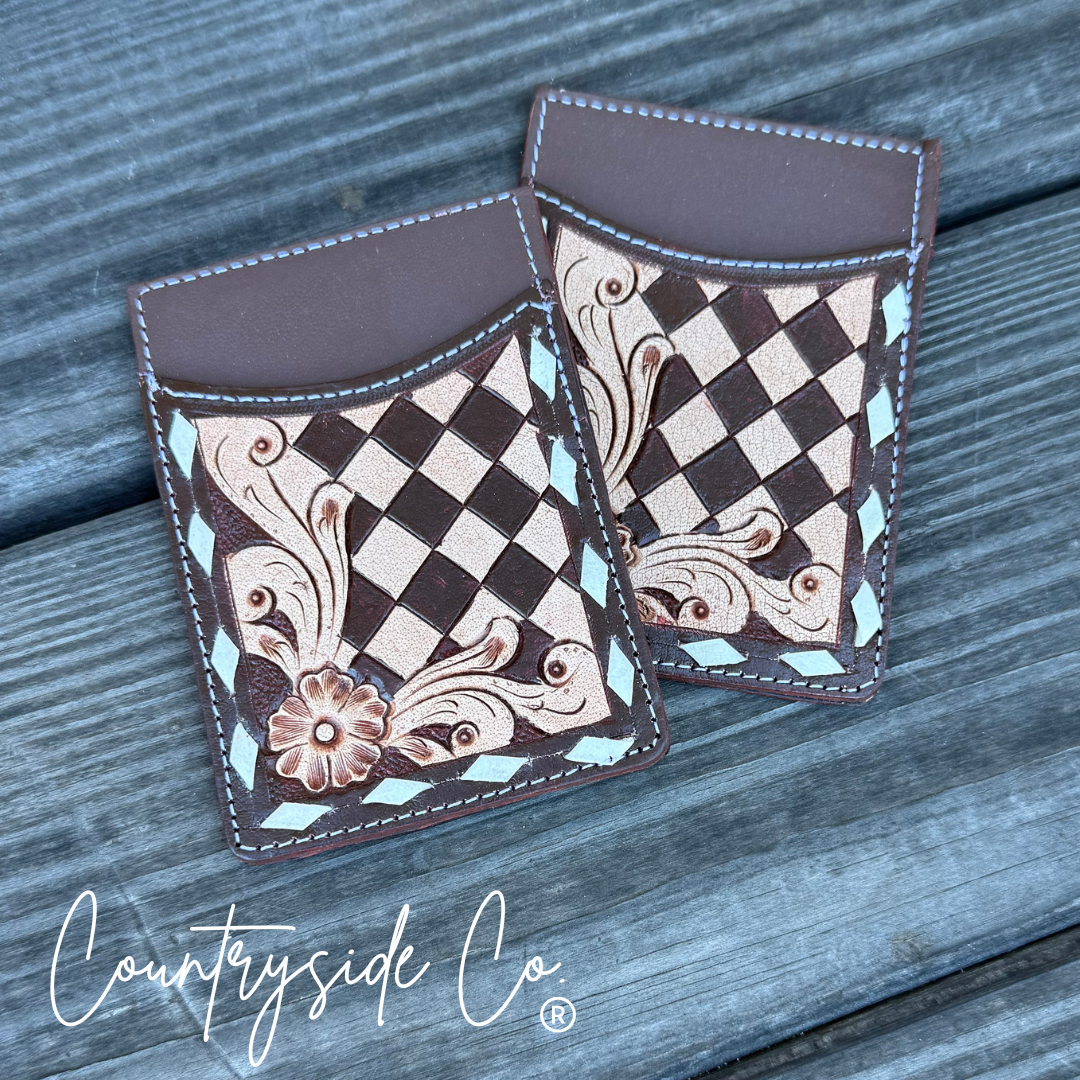 Checkered Tooled Leather Credit Card Holder