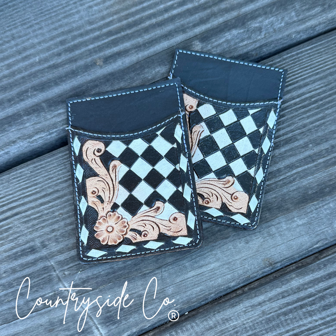 Checkered Tooled Leather Credit Card Holder