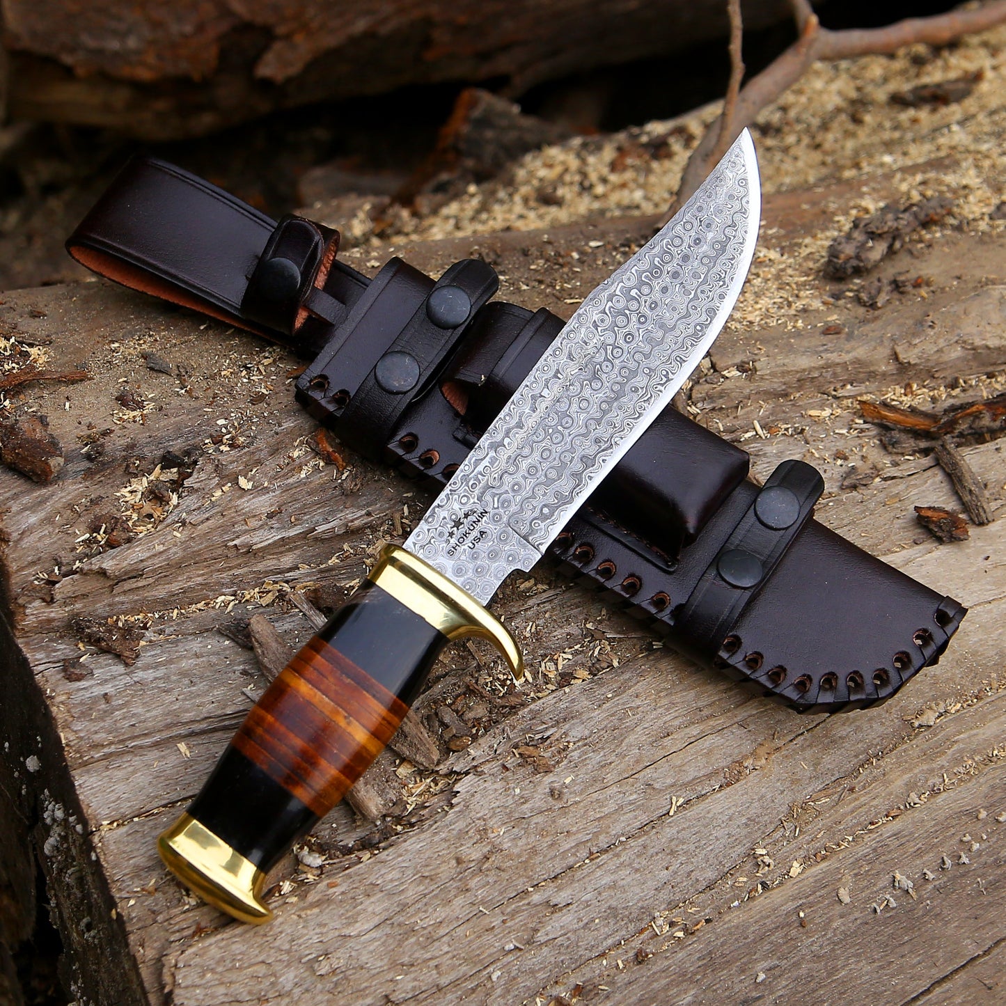 Darkstar Custom Bowie Knife with Bull Horn & Stacked Leather Composite Handle