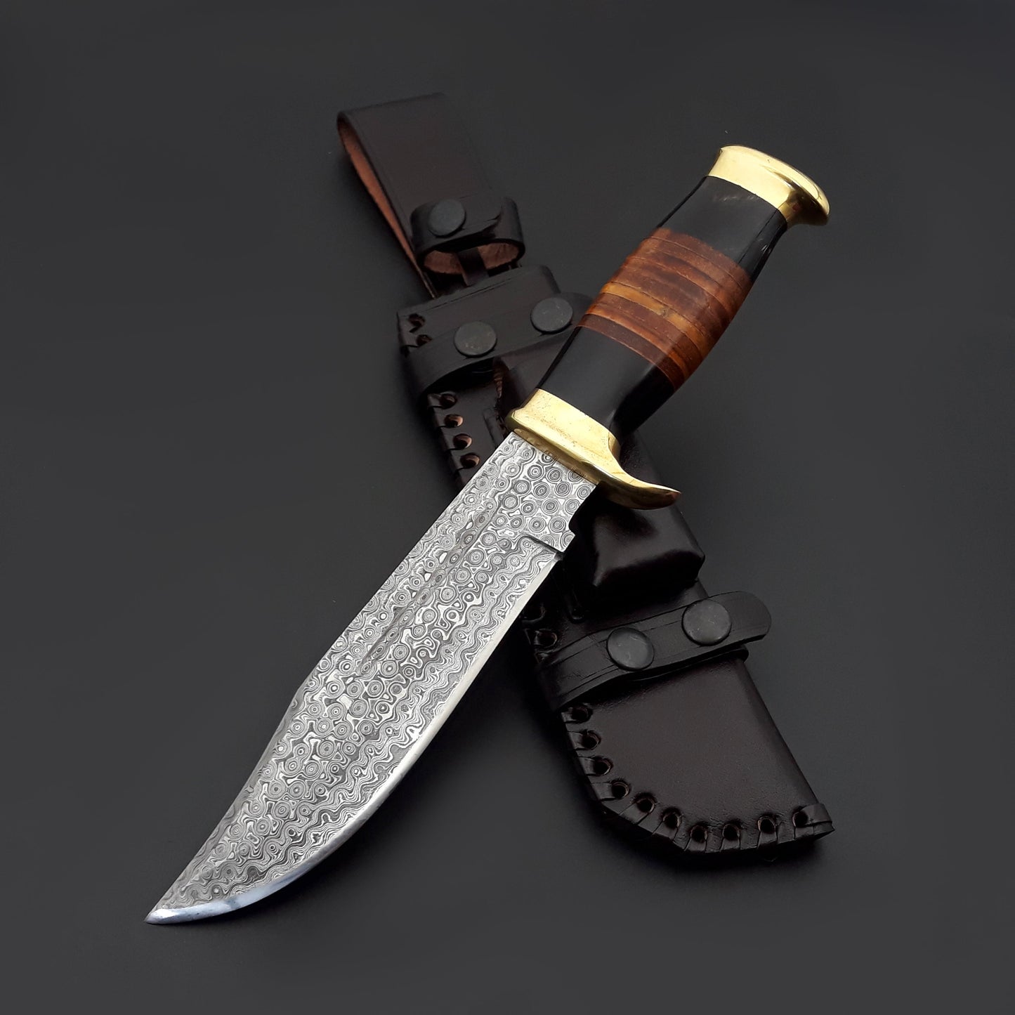 Darkstar Custom Bowie Knife with Bull Horn & Stacked Leather Composite Handle