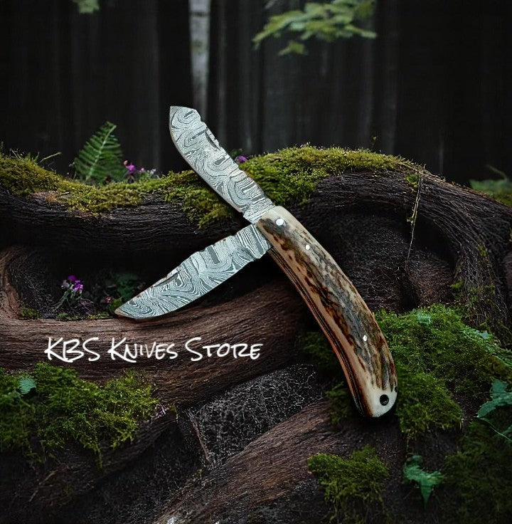 Custom 3 Inch Cowboy Pocket Knife - Damascus Steel with Antler Horn Handle