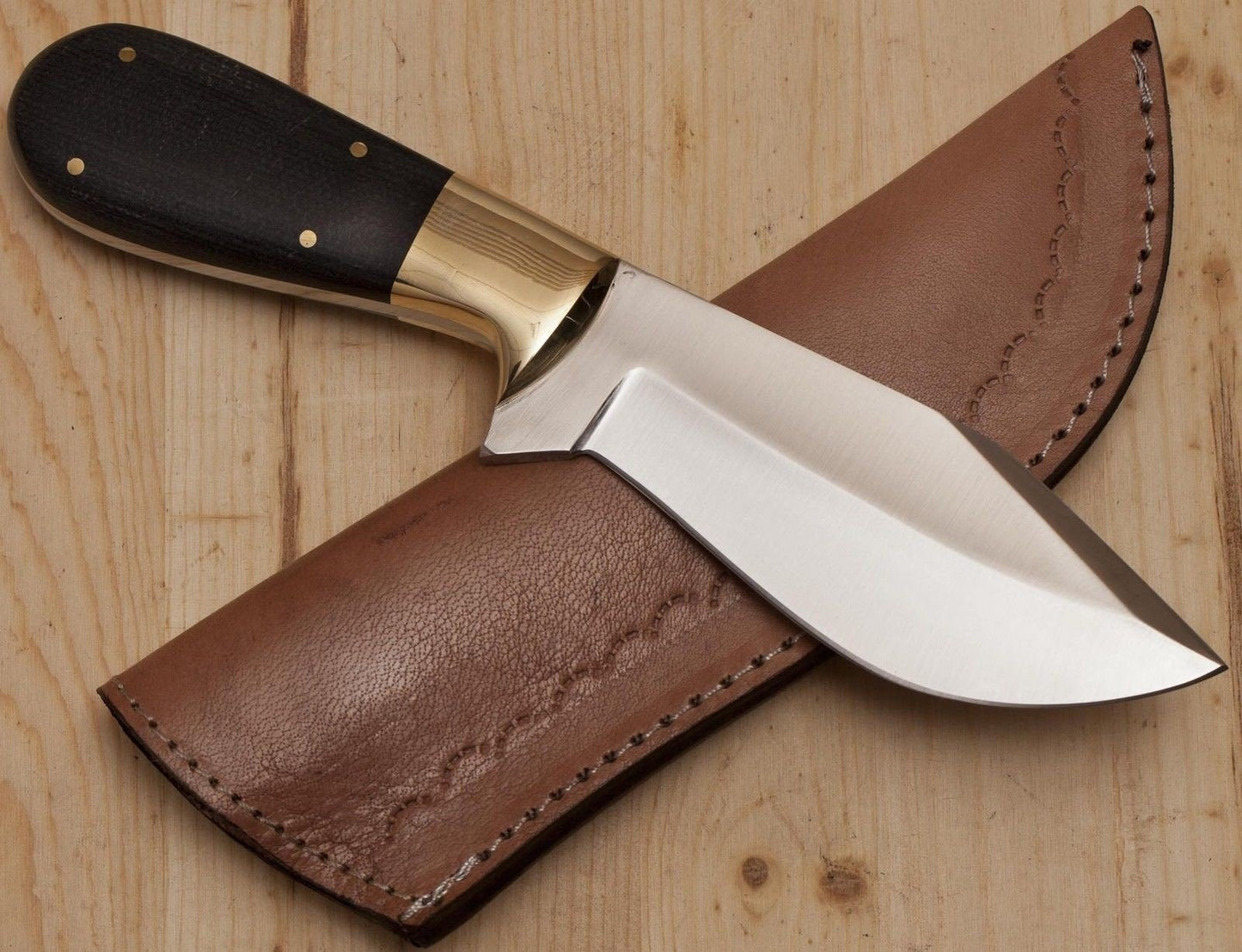Custom Handmade 440C Steel Deer Skinning Knife - 9 Inch Micarta Handle with Brass Bolster, Leather Sheath - Premium Hunting Knife by KBS Knives