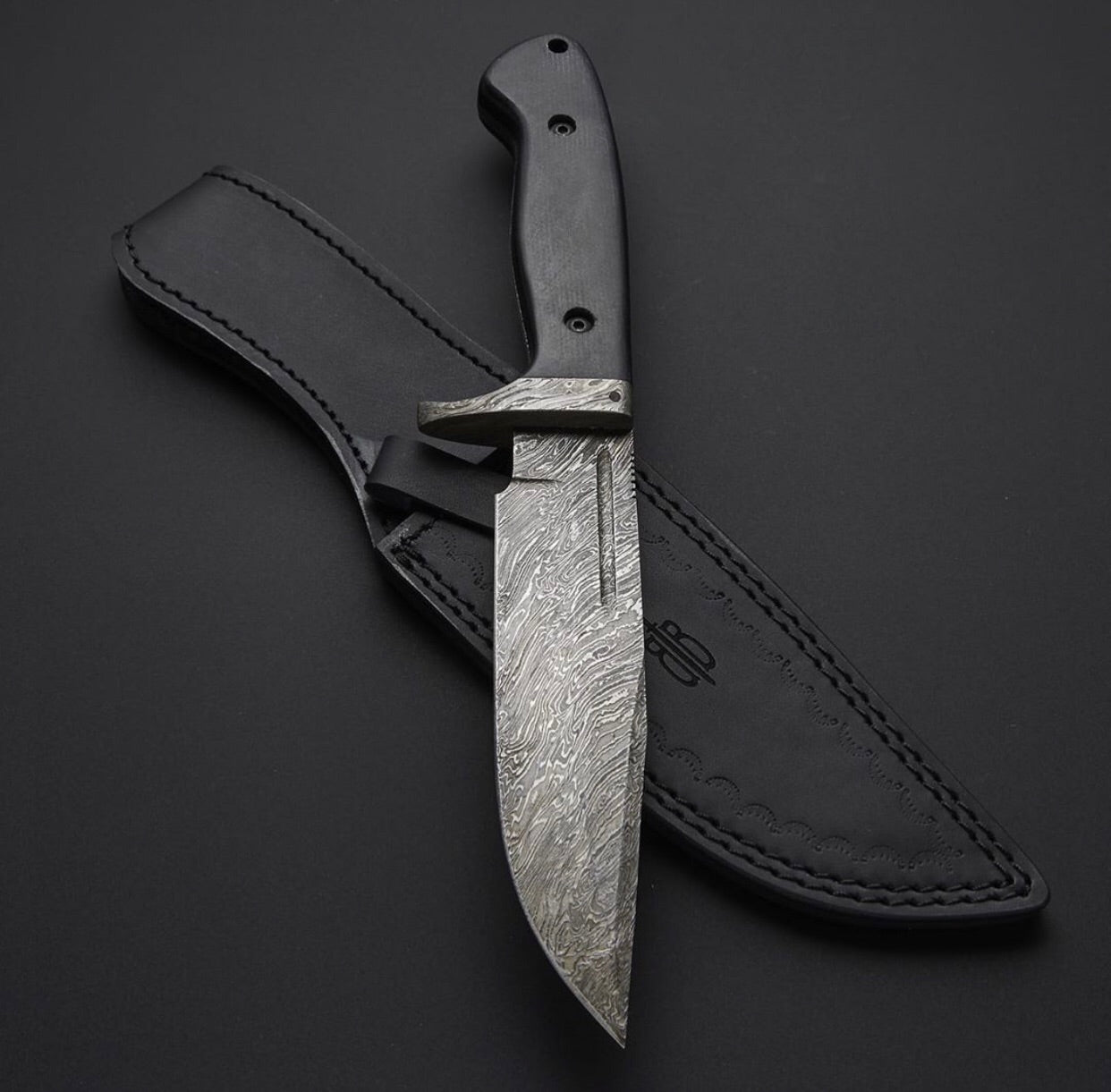 Original Bowie Knife with Leather Sheath for Sale – Custom Handmade Full Tang Damascus Steel Blade, Micarta G10 Handle & Damascus Guard | 11.5-Inch Hunting Knife with Blood Groove – KBS Knives