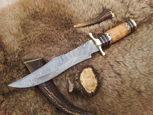 Custom Handmade Steelstorm Bowie Knife with Twist Pattern Damascus Steel Blade and Olive Wood Handle - 13 Inches