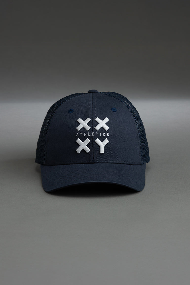 White Logo Trucker Cap on Navy