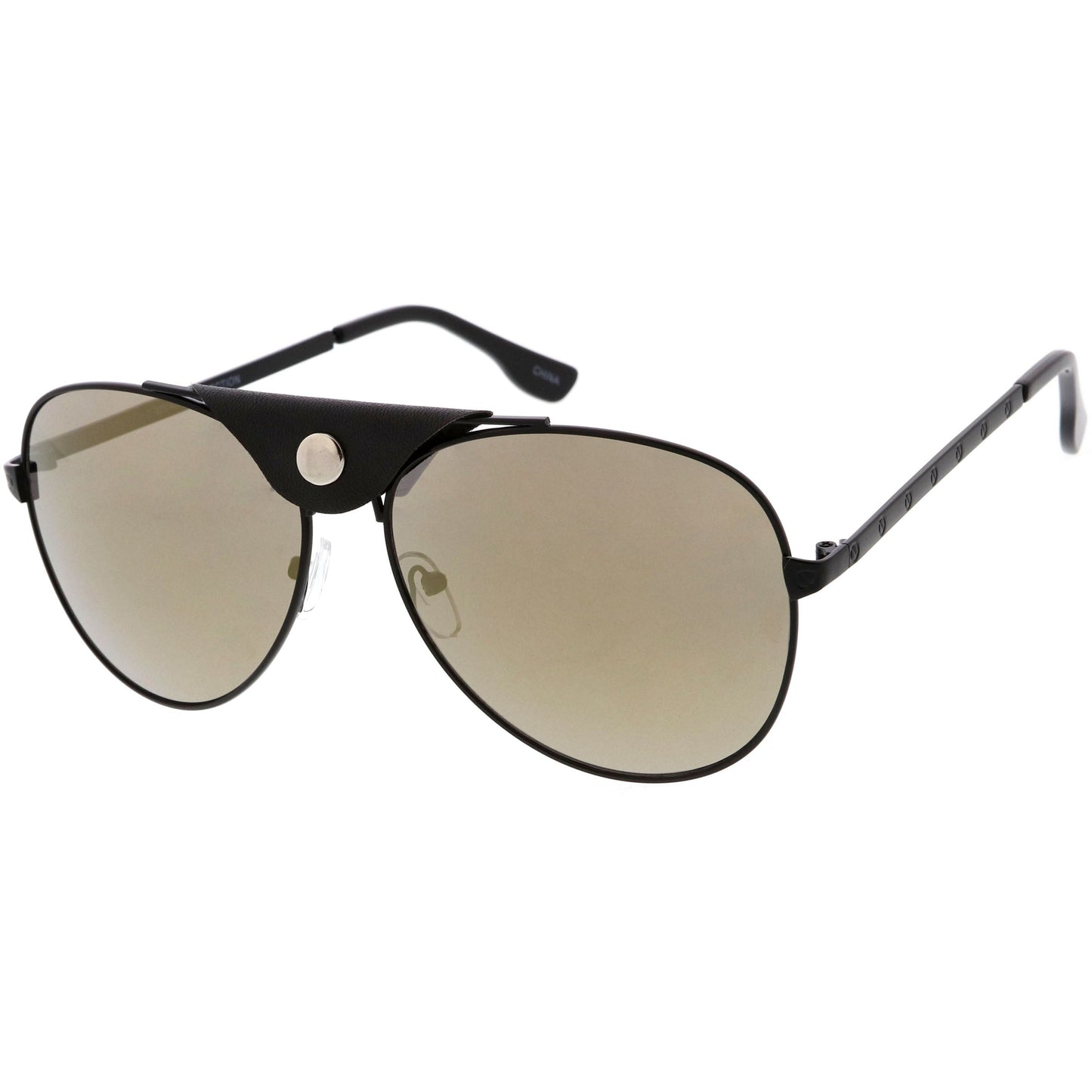 Button Snap Vegan Leather Crossbar Strap Teardrop Oversize Aviator Sunglasses D063
