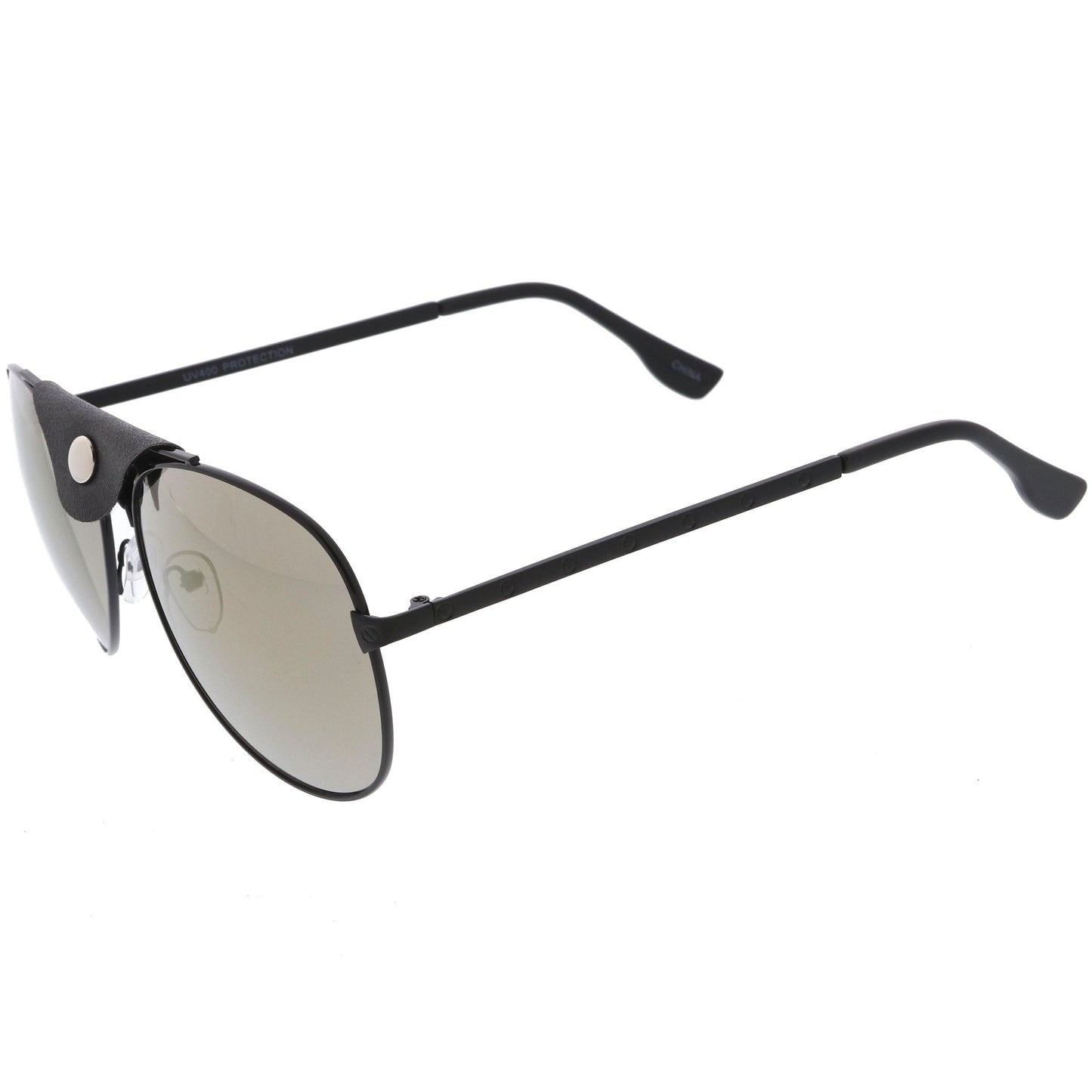 Button Snap Vegan Leather Crossbar Strap Teardrop Oversize Aviator Sunglasses D063