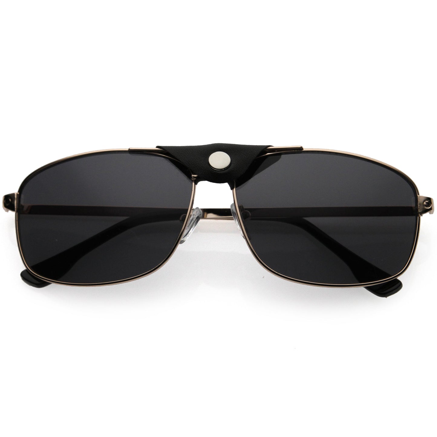 Button Snap Vegan Leather Strap Metal Crossbar Square Aviator Sunglasses D065