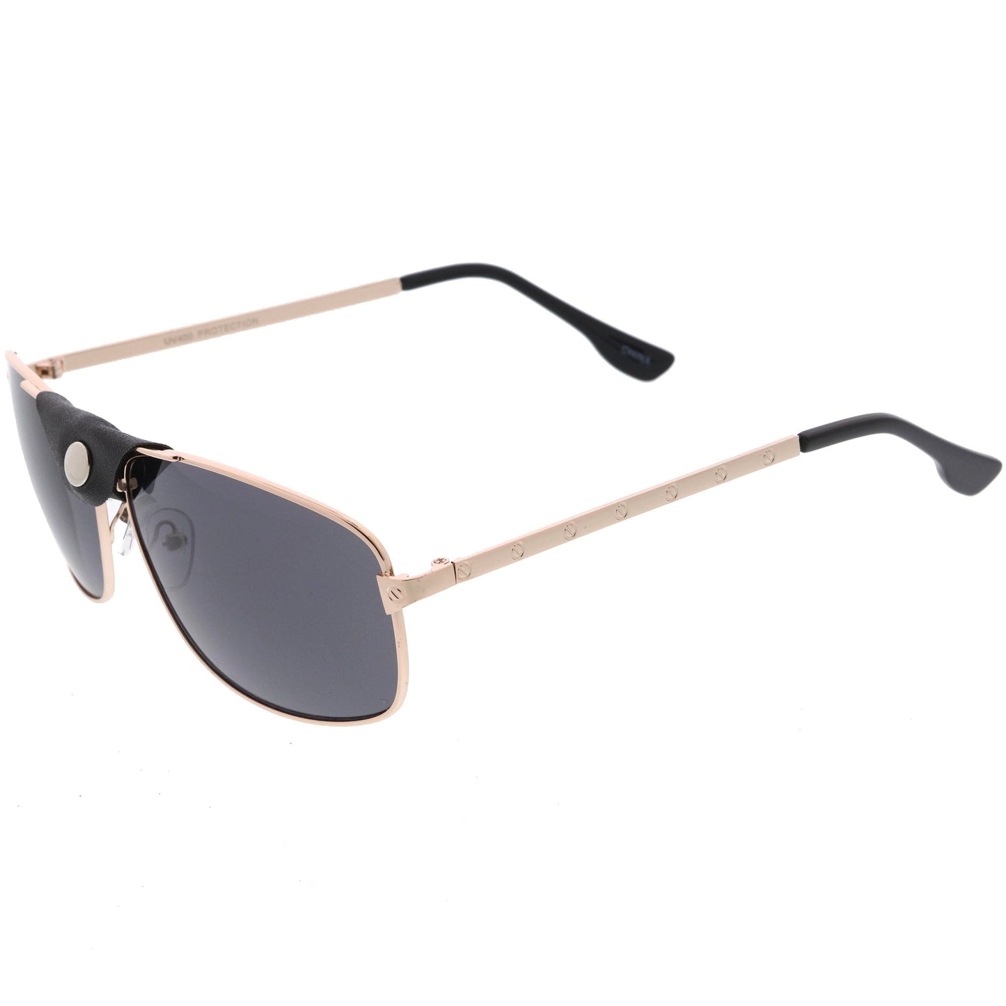 Button Snap Vegan Leather Strap Metal Crossbar Square Aviator Sunglasses D065