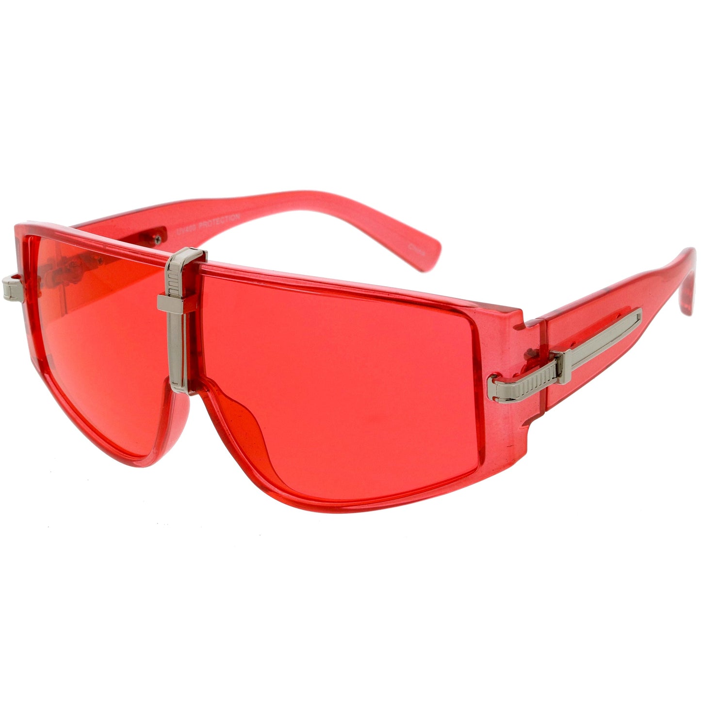 Bold Curved Color Tinted Lens Premium Metal Accent Shield Sunglasses D096