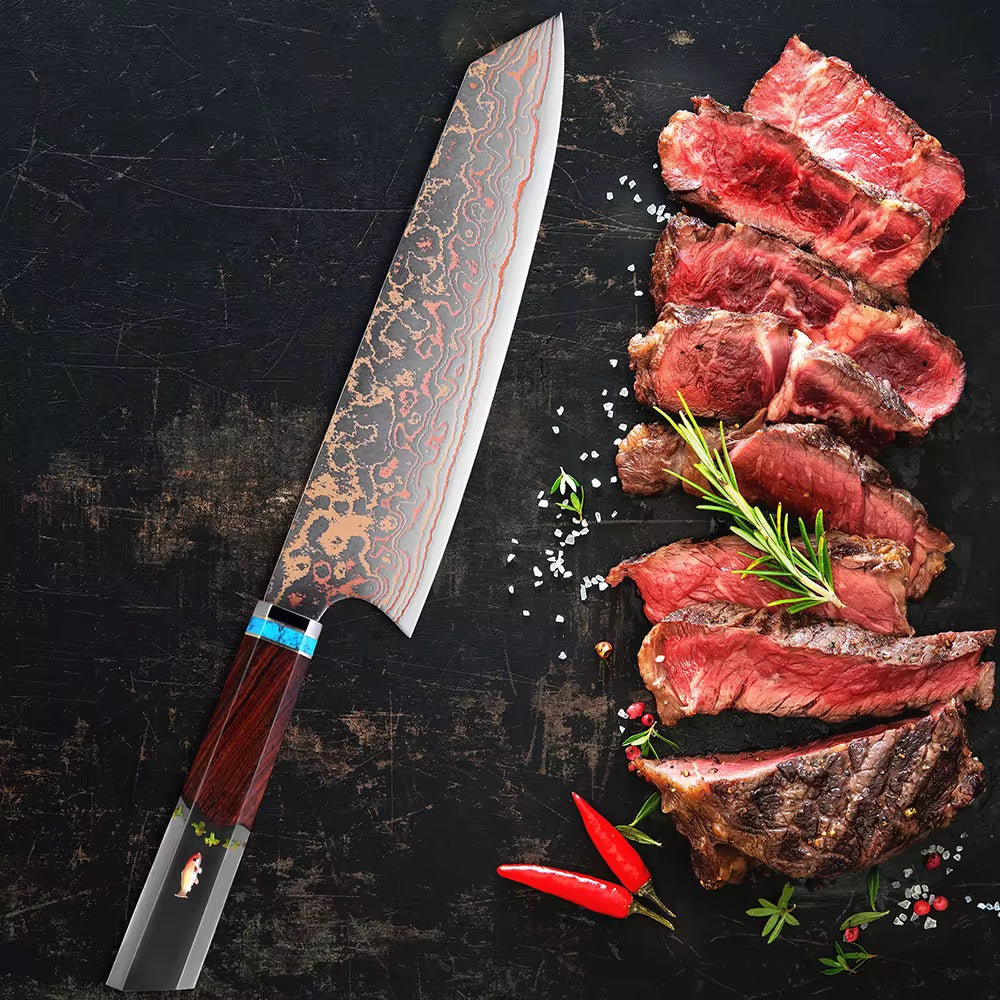 Noble Copper & Cobalt Alloy Damascus Chef Knife with Exotic Bloodwood & Resin Handle