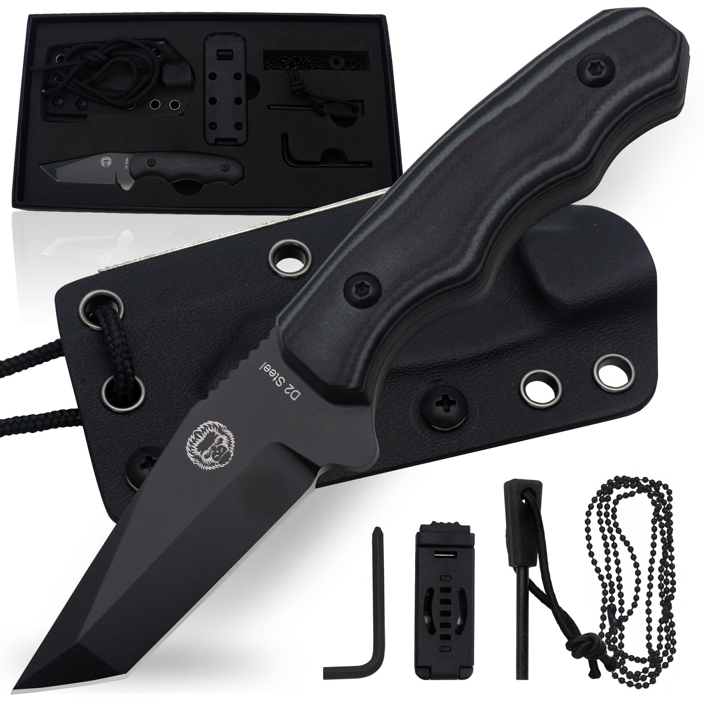 The Wakizashi Survival Neck Knife Giftset for Outdoors (Black Blade + Green Liner)