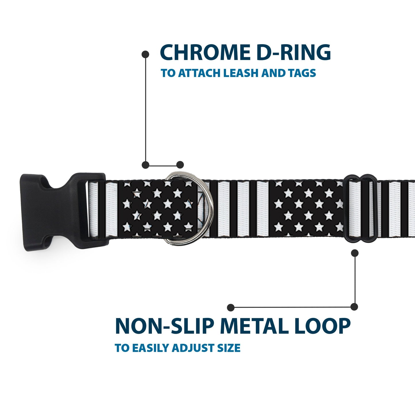 Plastic Clip Collar - American Flag CLOSE-UP Black/White