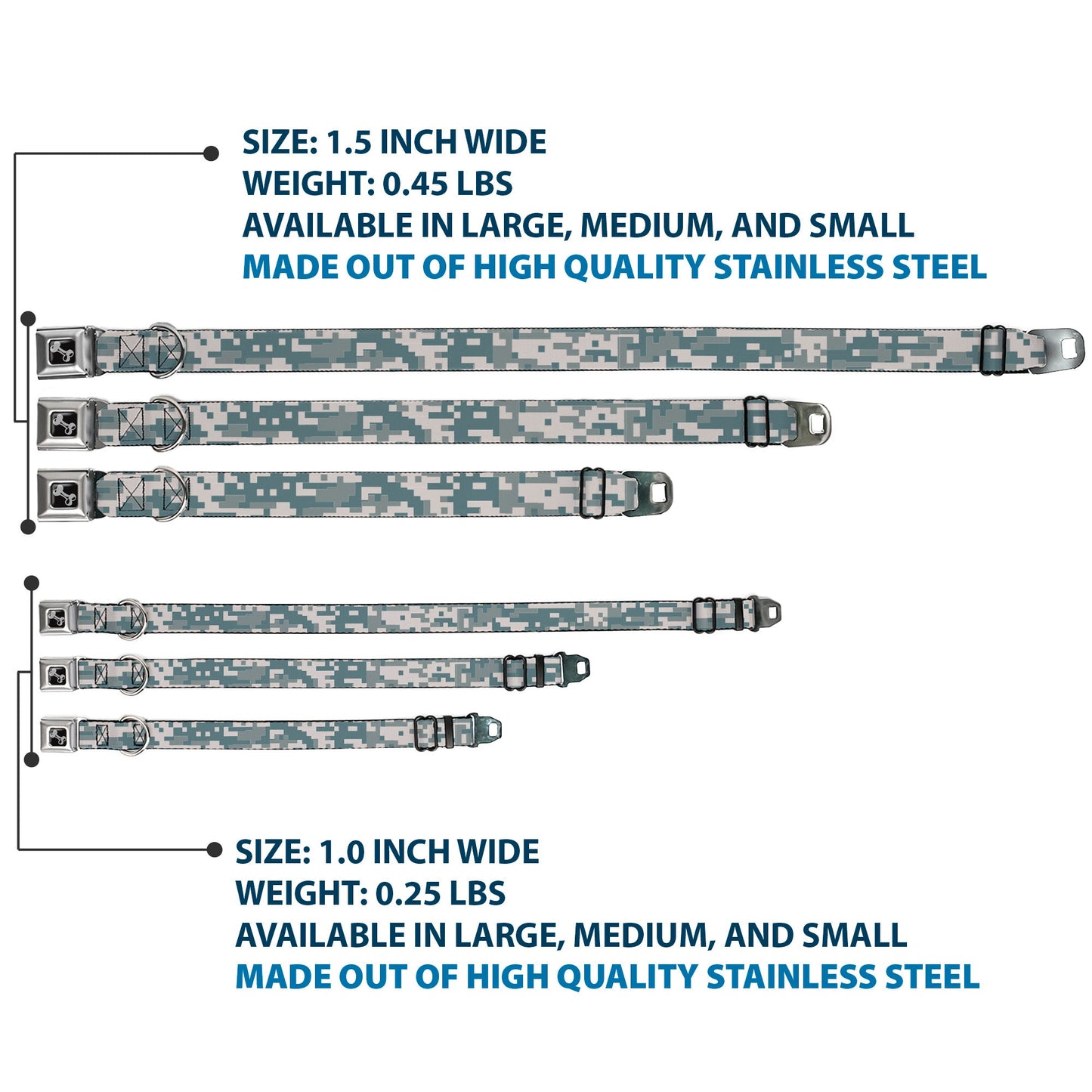 Dog Bone Black/Silver Seatbelt Buckle Collar - Digital Camo2 Grays